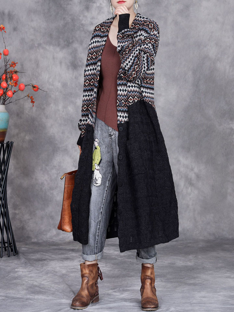 Women Autumn Stripe Colorblock Knitted Cardigan Coat