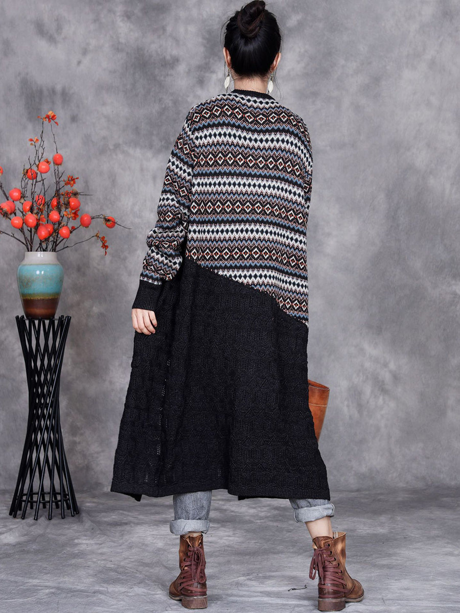 Women Autumn Stripe Colorblock Knitted Cardigan Coat