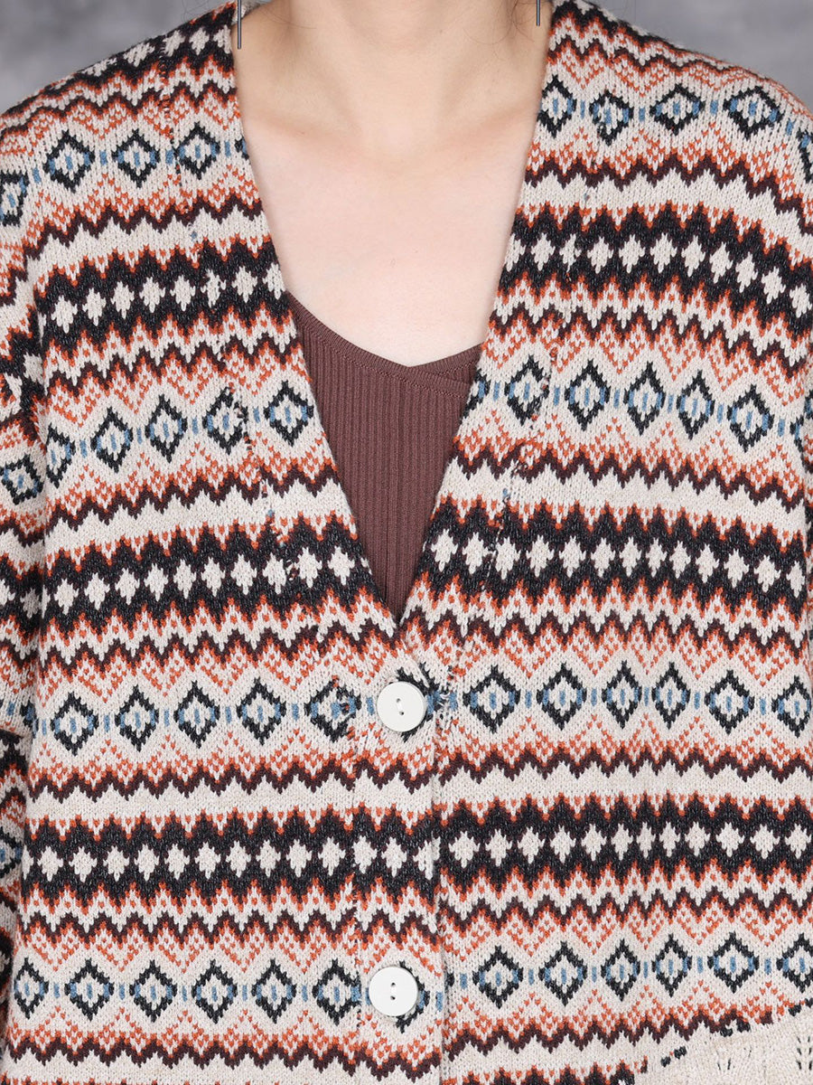 Women Autumn Stripe Colorblock Knitted Cardigan Coat