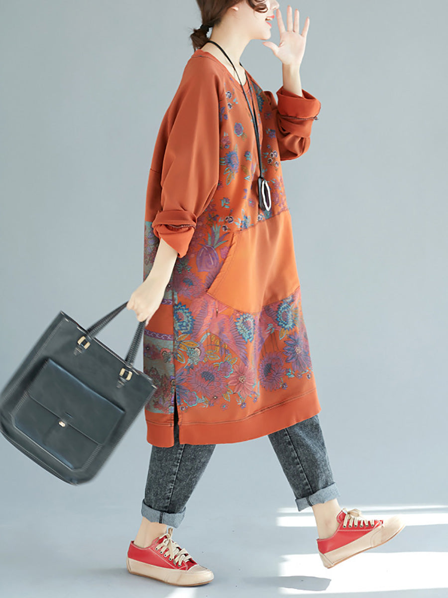 Women Autumn Casual Flower Colorblock O-Neck Dress