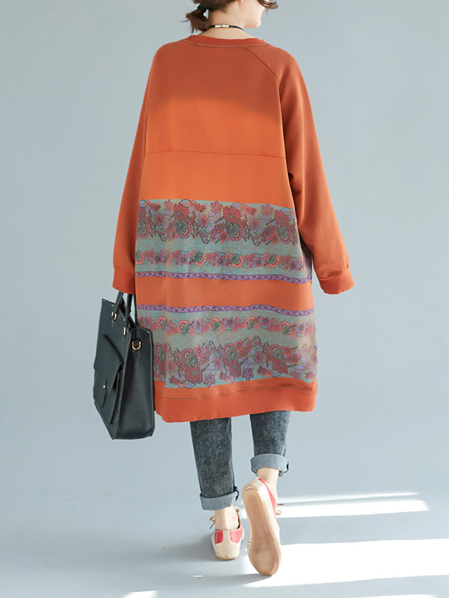 Women Autumn Casual Flower Colorblock O-Neck Dress