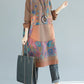 Women Autumn Casual Flower Colorblock O-Neck Dress