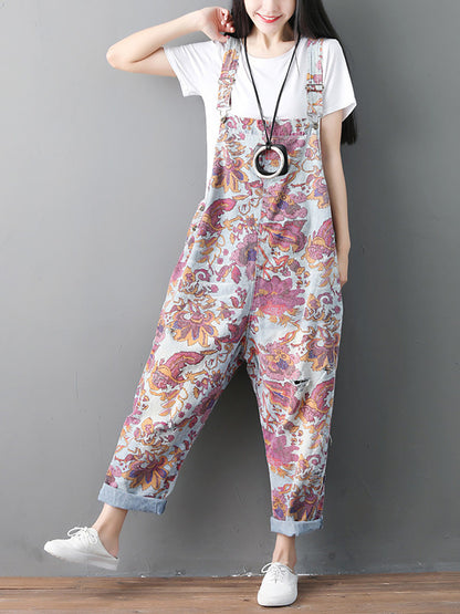 Women Autumn Flower Denim Loose Jumpsuits