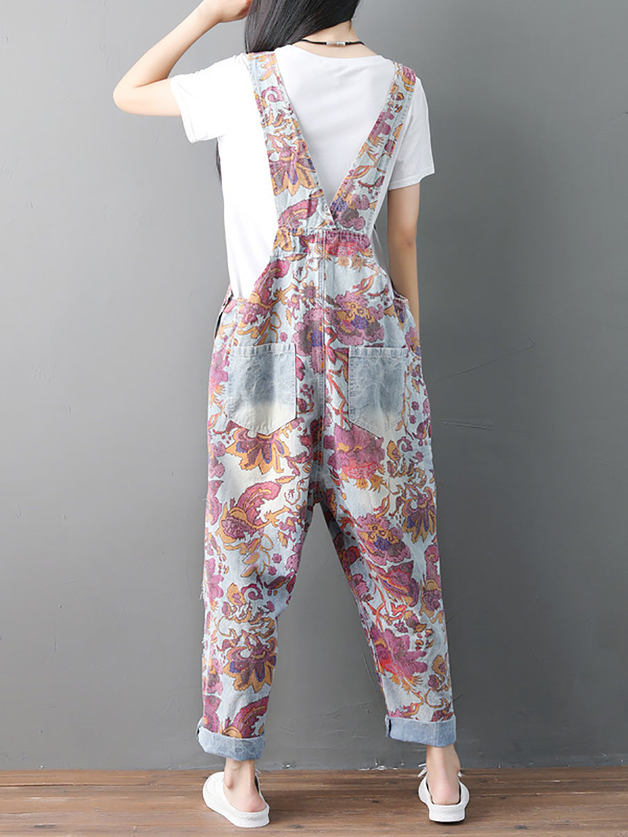 Women Autumn Flower Denim Loose Jumpsuits