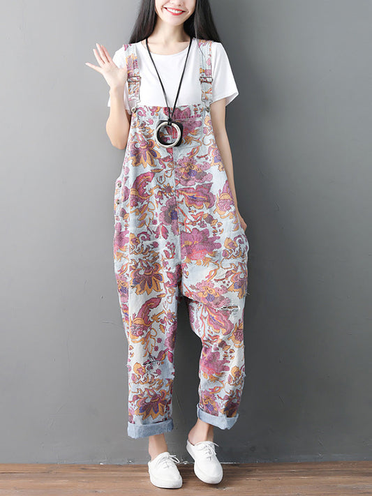 Women Autumn Flower Denim Loose Jumpsuits