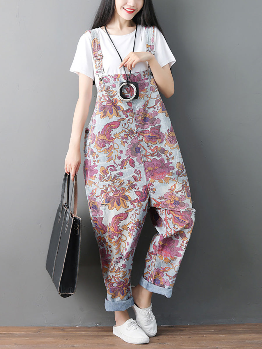 Women Autumn Flower Denim Loose Jumpsuits