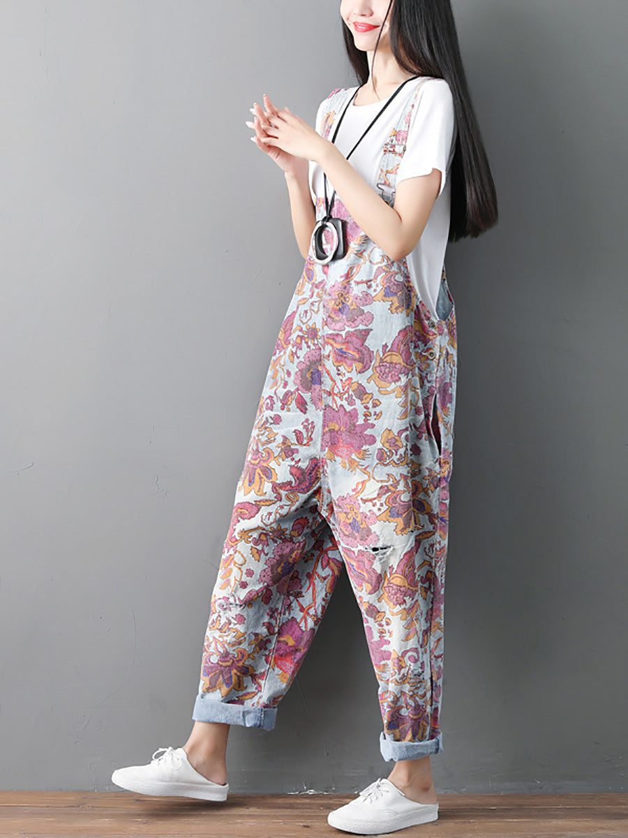 Women Autumn Flower Denim Loose Jumpsuits