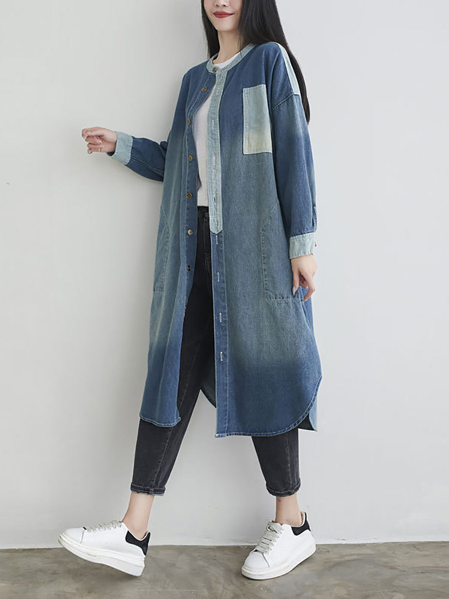 Women Autumn Casual Colorblock Pocket Denim Coat