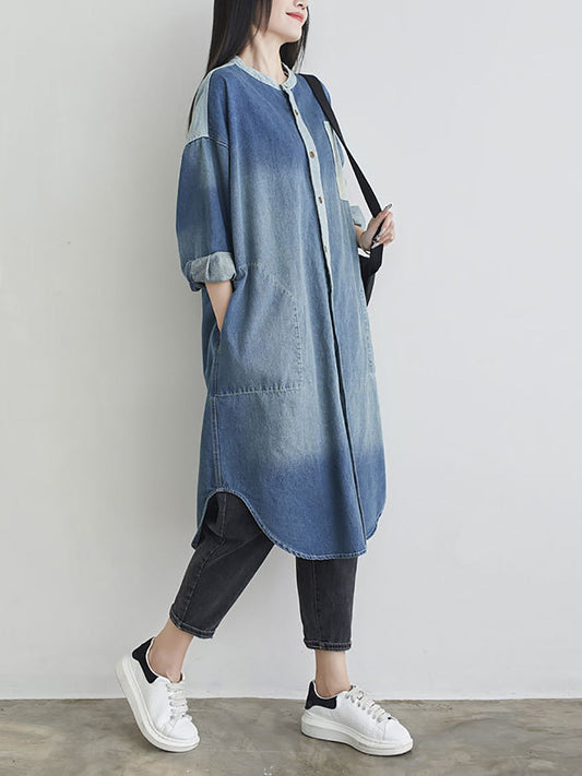 Women Autumn Casual Colorblock Pocket Denim Coat