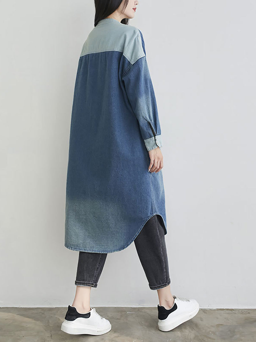 Women Autumn Casual Colorblock Pocket Denim Coat