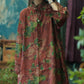 Women Vintage Floral Stand Collar Button Ramie Dress