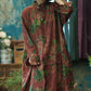 Women Vintage Floral Stand Collar Button Ramie Dress