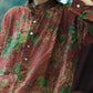 Women Vintage Floral Stand Collar Button Ramie Dress