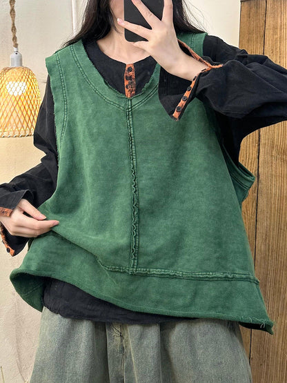 Women Autumn Artsy Raw-edge Spliced O-Neck Vest