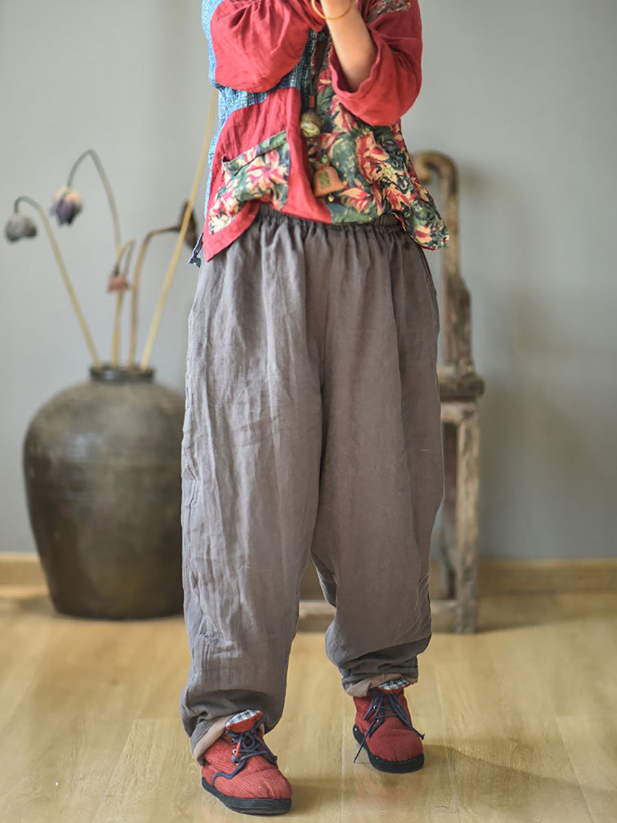 Women Autumn Rero Solid Linen Padded Harem Pants