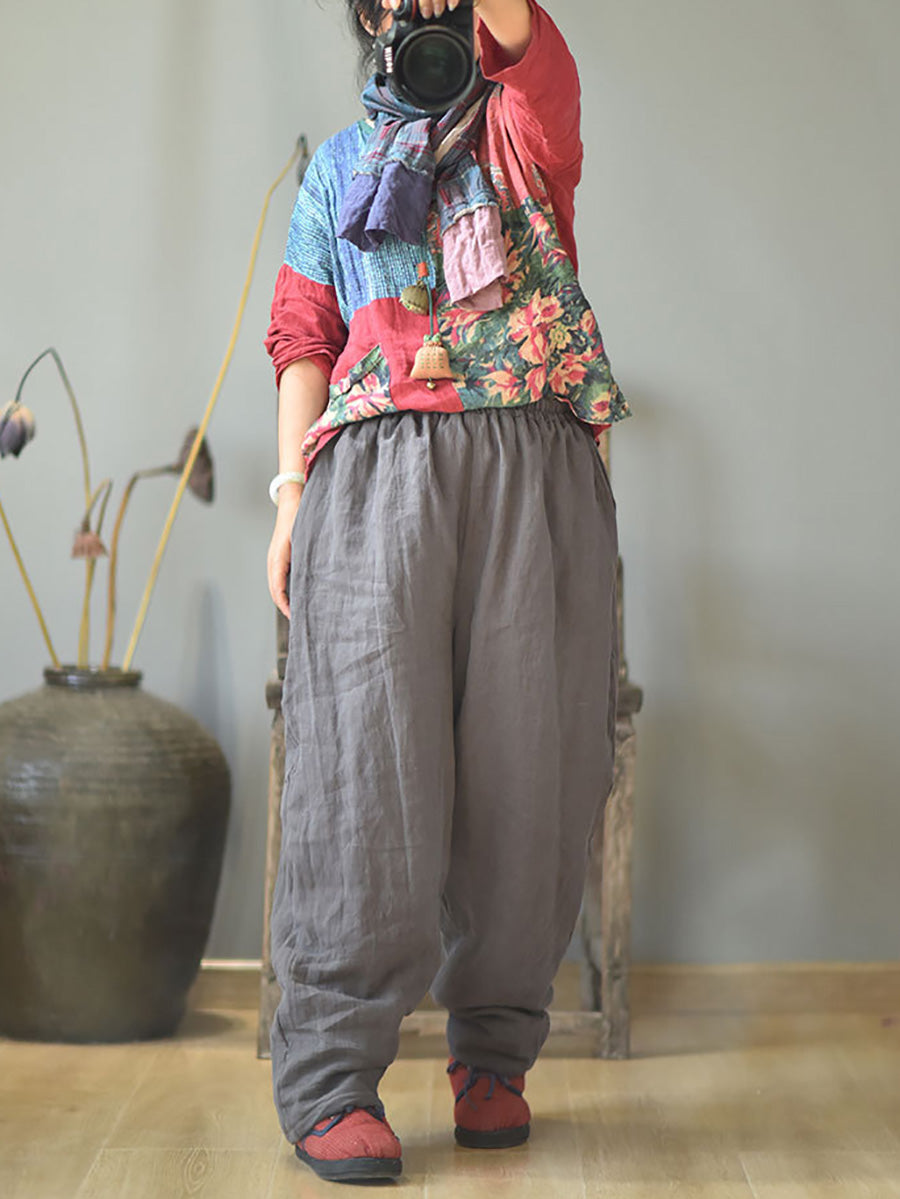 Women Autumn Rero Solid Linen Padded Harem Pants