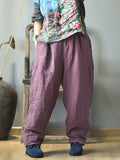 Women Autumn Rero Solid Linen Padded Harem Pants