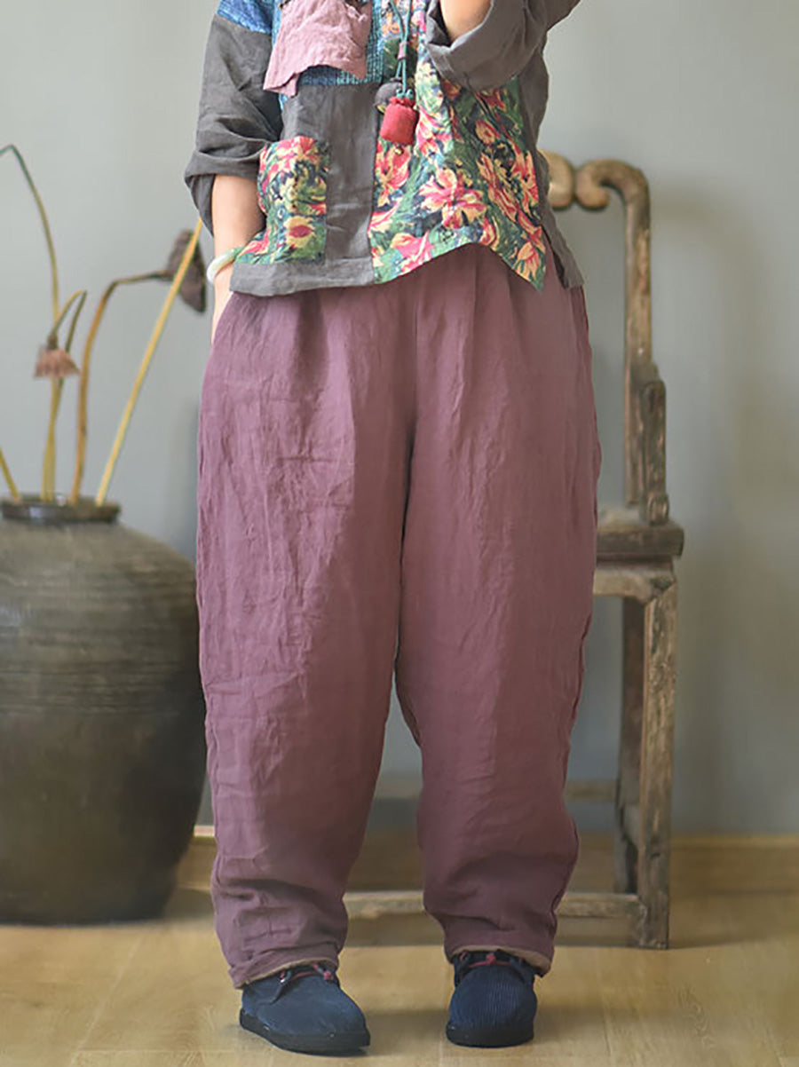 Women Autumn Rero Solid Linen Padded Harem Pants