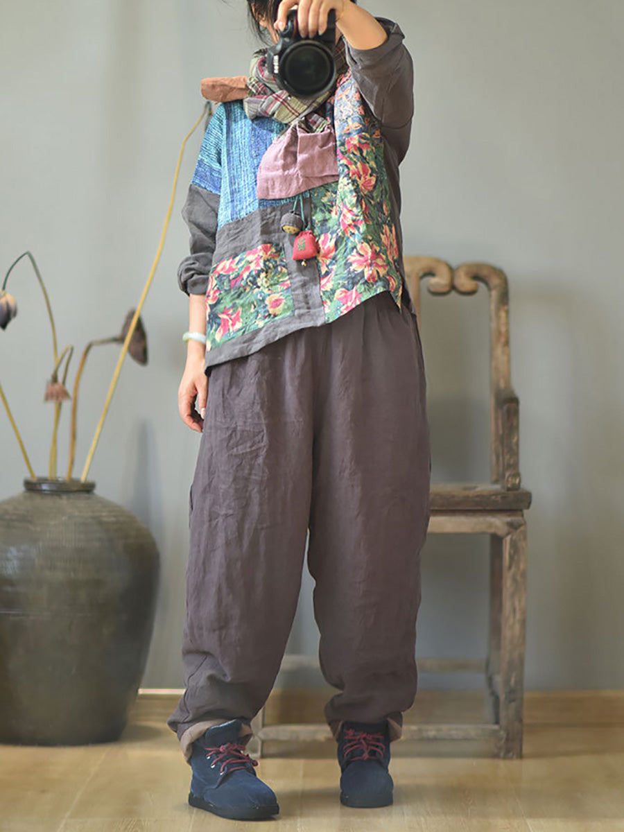 Women Autumn Rero Solid Linen Padded Harem Pants