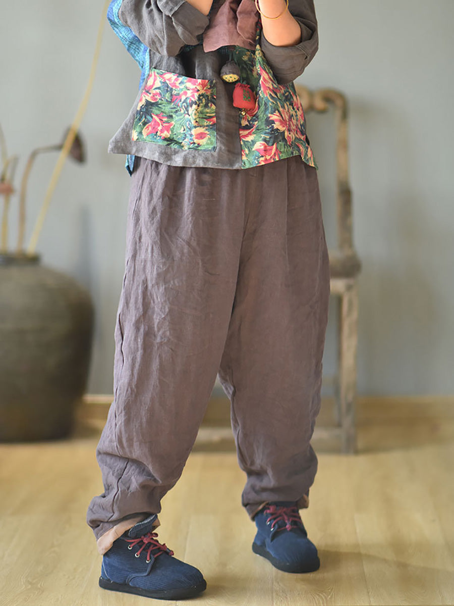 Women Autumn Rero Solid Linen Padded Harem Pants