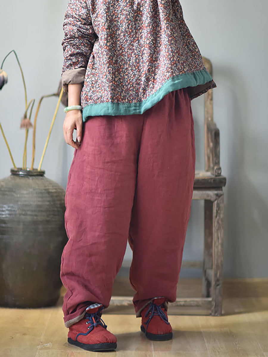 Women Autumn Rero Solid Linen Padded Harem Pants