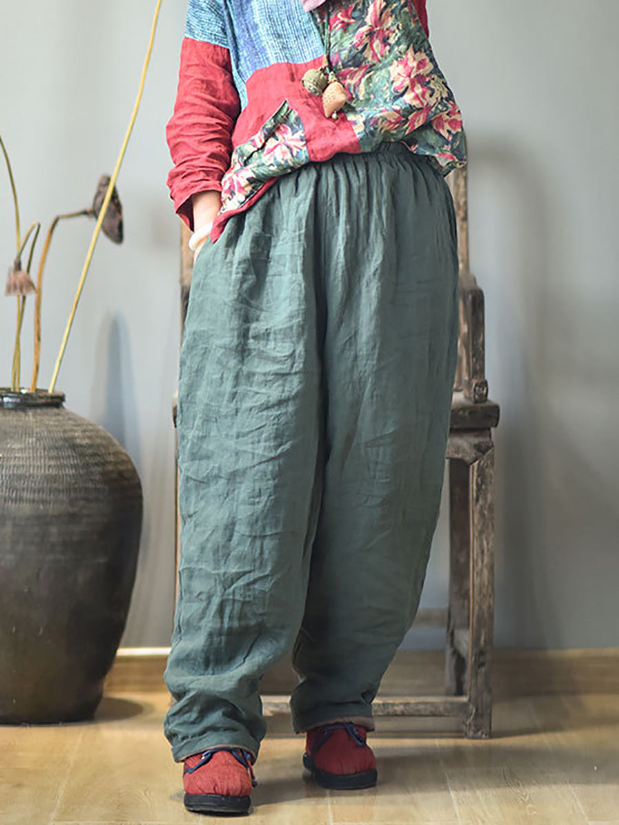 Women Autumn Rero Solid Linen Padded Harem Pants