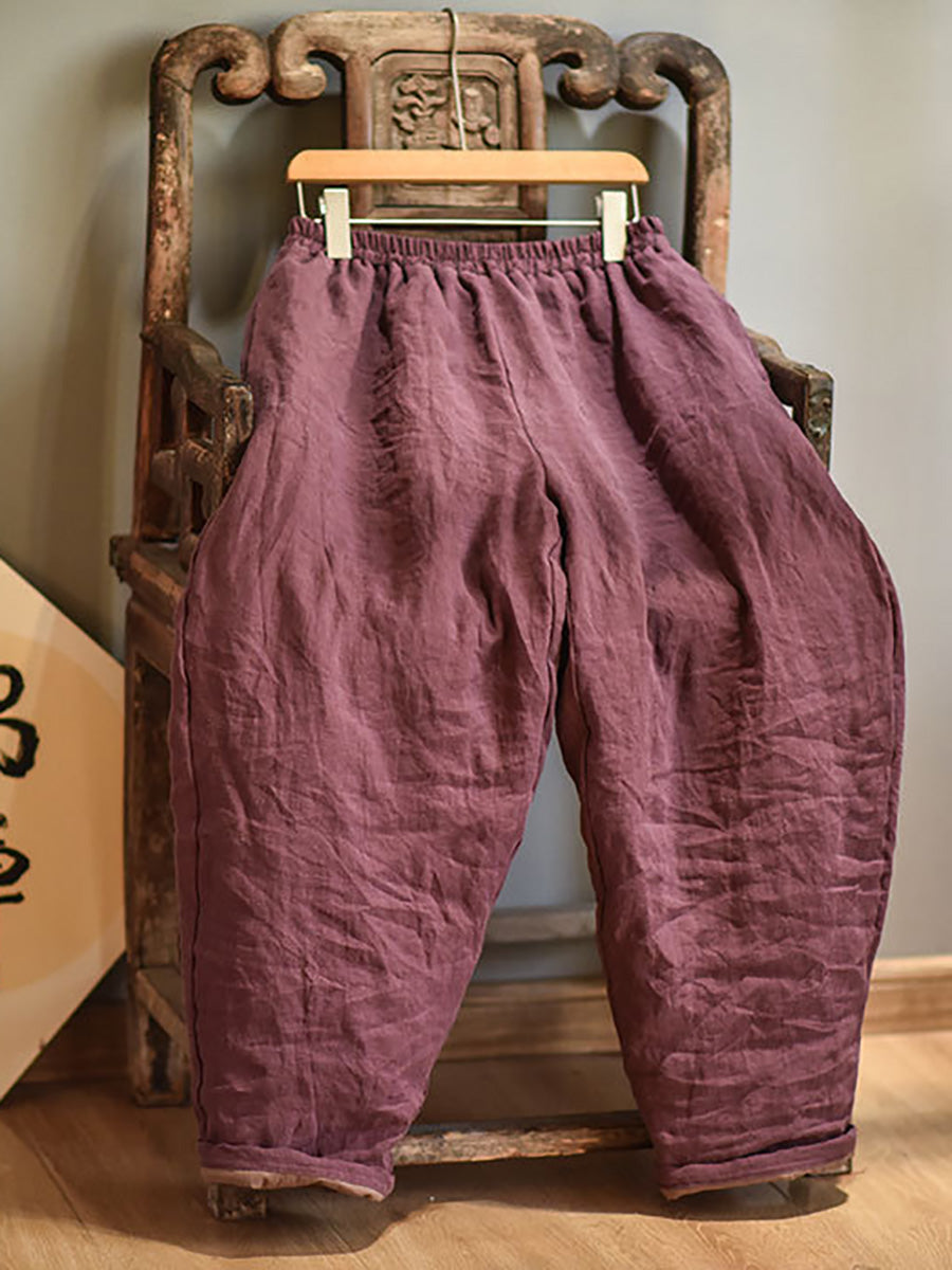 Women Autumn Rero Solid Linen Padded Harem Pants