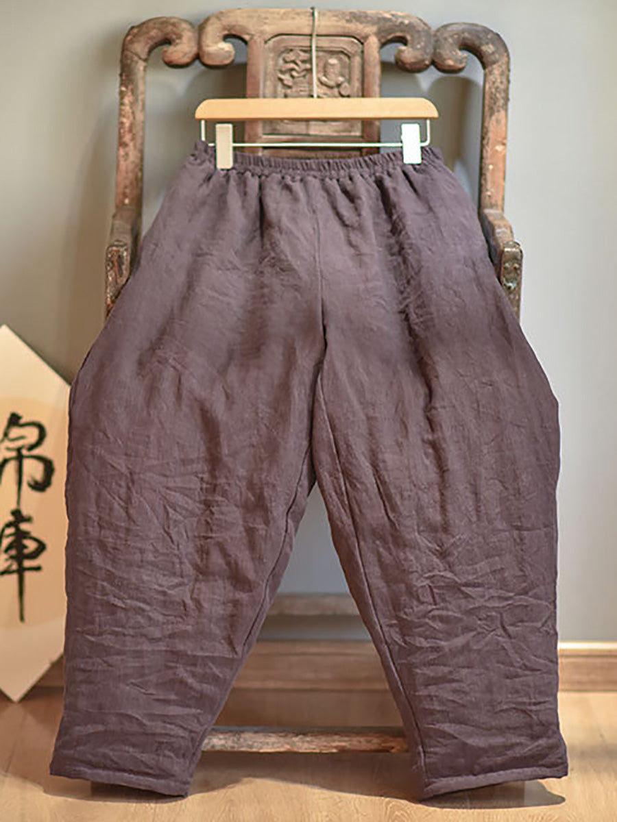 Women Autumn Rero Solid Linen Padded Harem Pants