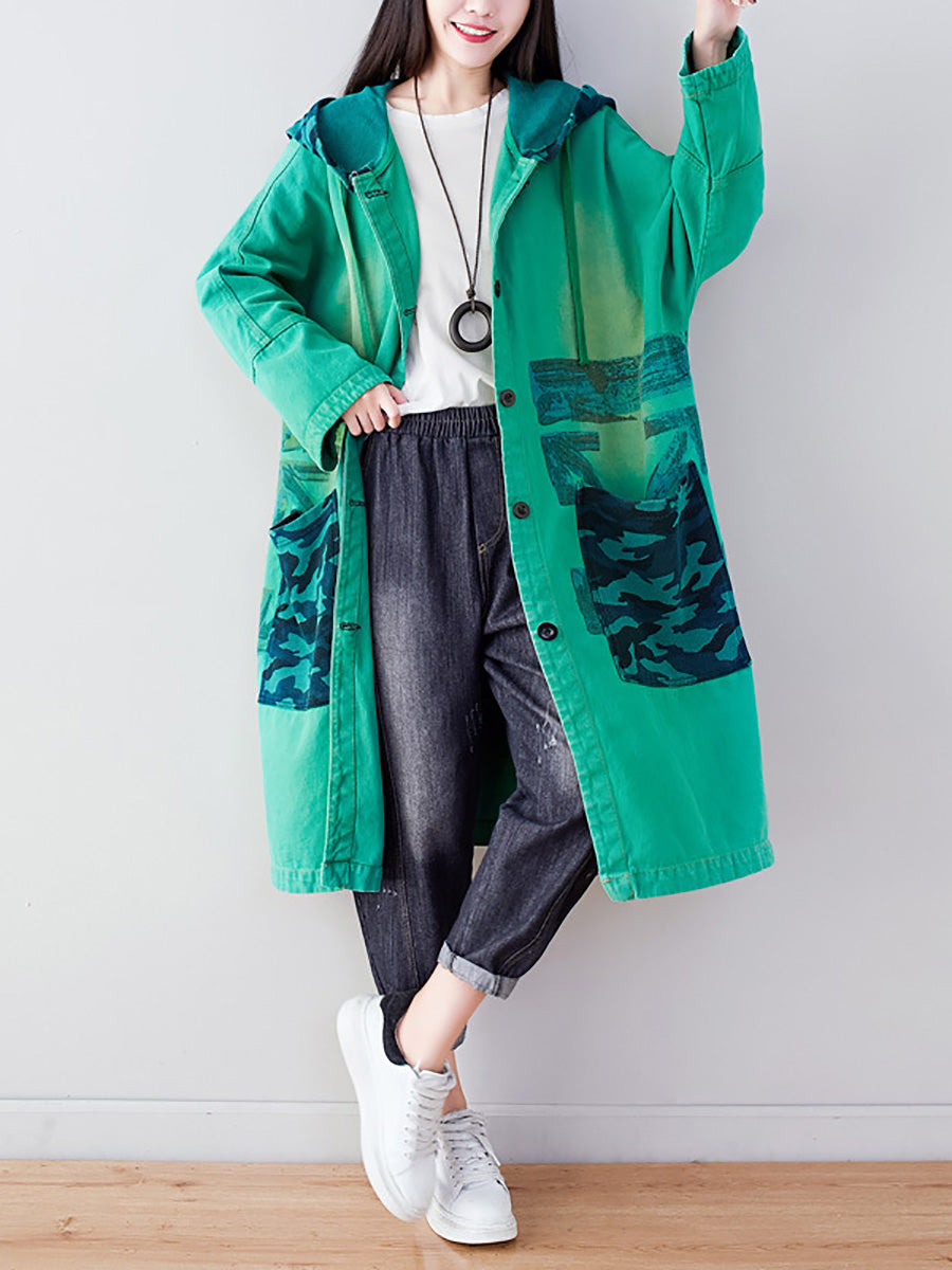 Women Autumn Artsy Colorblock Cotton Hooded Coat