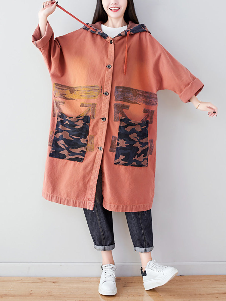 Women Autumn Artsy Colorblock Cotton Hooded Coat