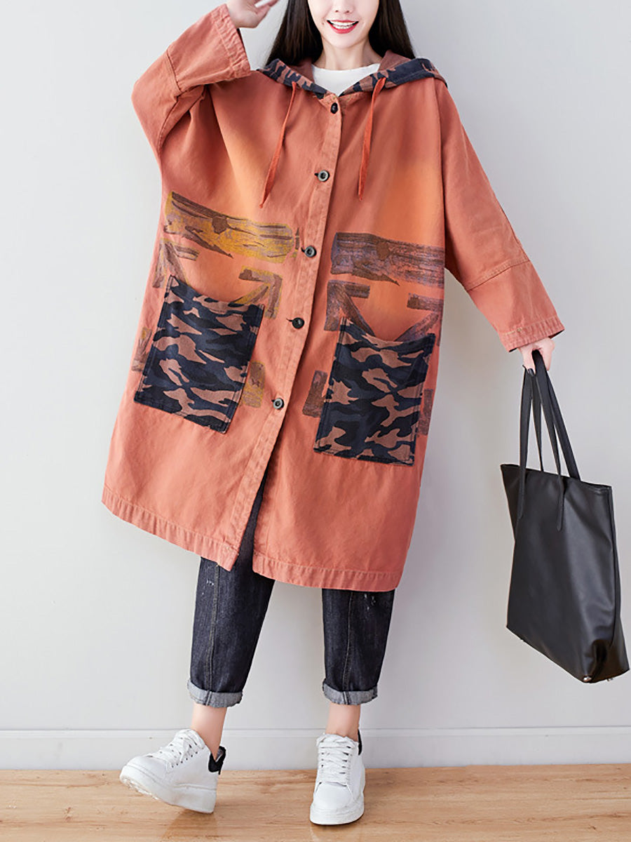 Women Autumn Artsy Colorblock Cotton Hooded Coat