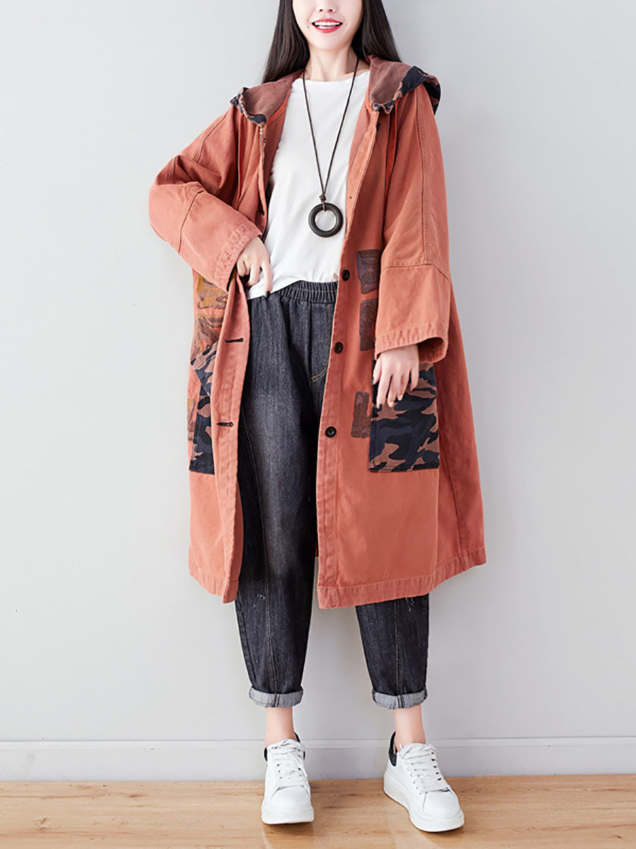 Women Autumn Artsy Colorblock Cotton Hooded Coat