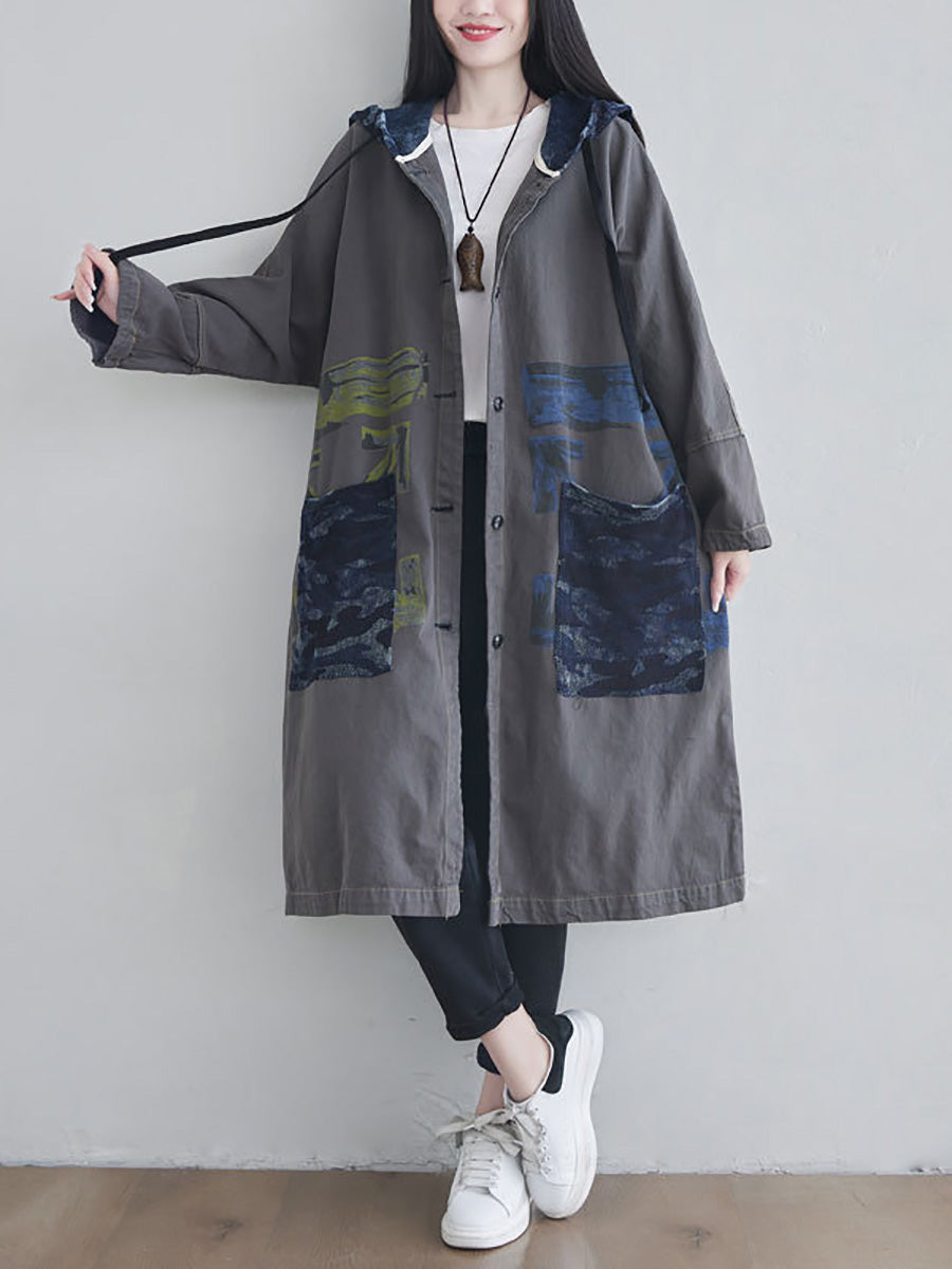 Women Autumn Artsy Colorblock Cotton Hooded Coat