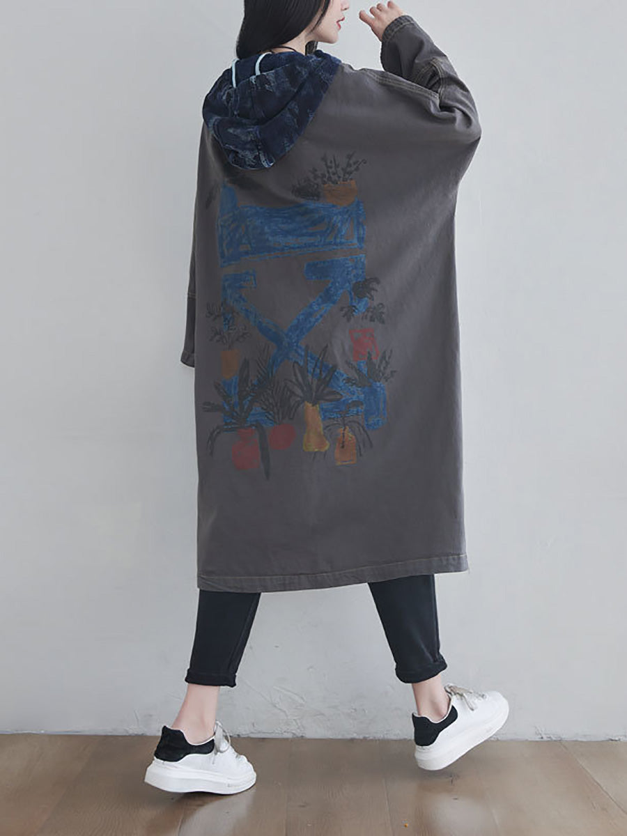 Women Autumn Artsy Colorblock Cotton Hooded Coat