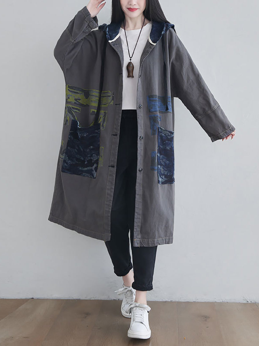 Women Autumn Artsy Colorblock Cotton Hooded Coat