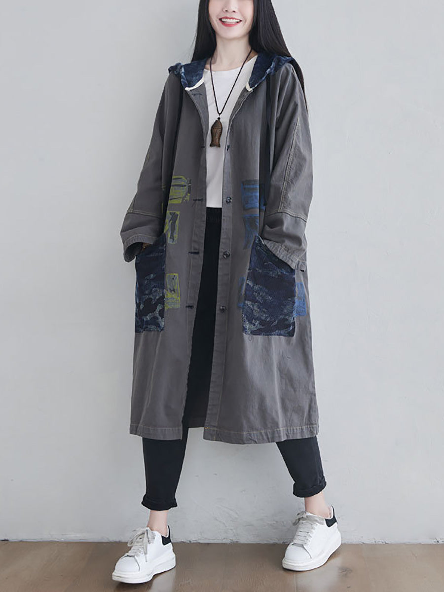 Women Autumn Artsy Colorblock Cotton Hooded Coat