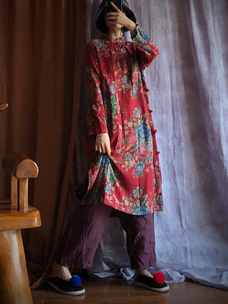 Women Autumn Ethnic Flower Buckle Robe Dress