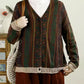 Women Autumn Casual Colorblock Knit V-Neck Cardigan Sweater