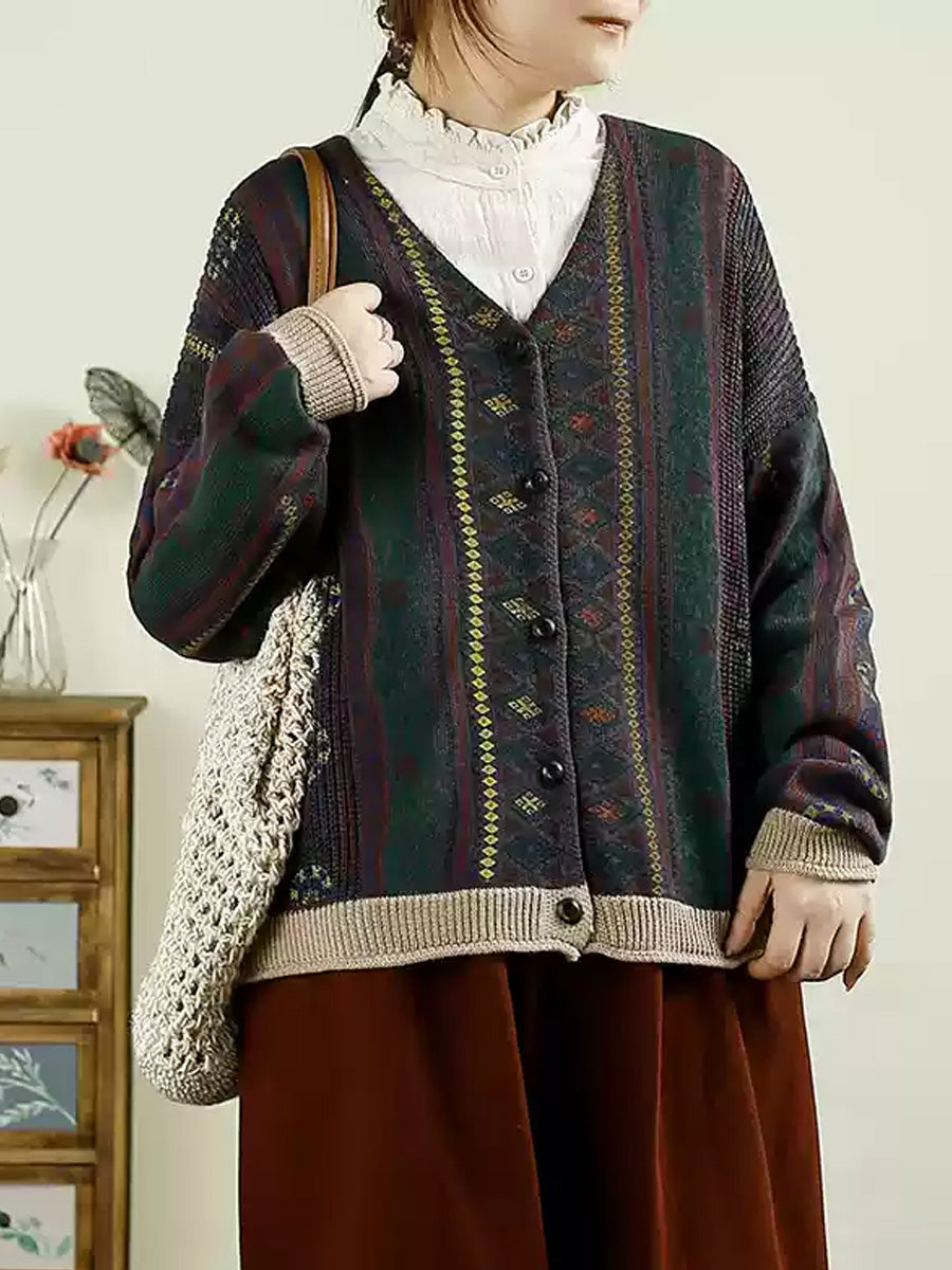 Women Autumn Casual Colorblock Knit V-Neck Cardigan Sweater