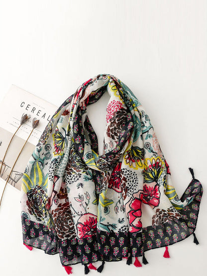 Women Flower Print Tassel Shawl Scarf