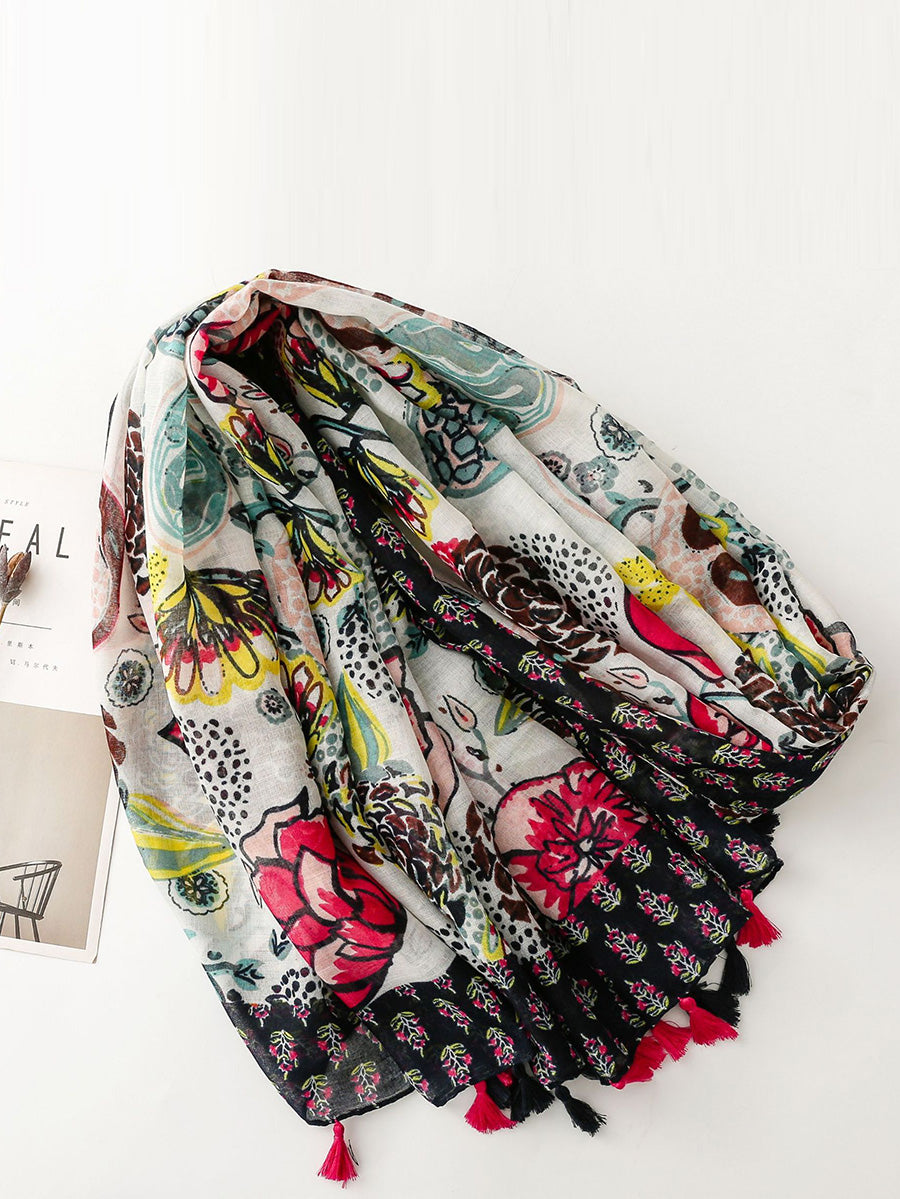 Women Flower Print Tassel Shawl Scarf