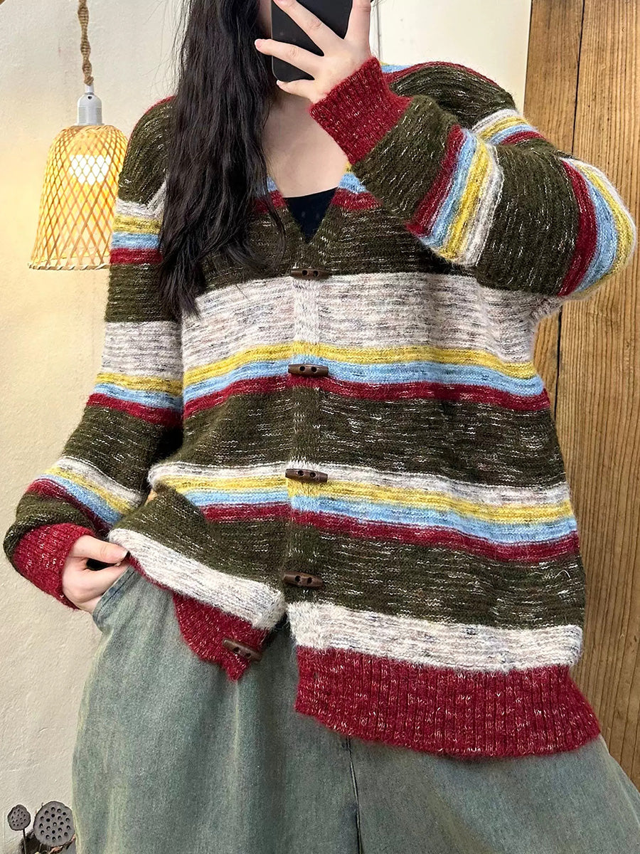 Women Artsy Autumn Stripe Cardigan Sweater Coat