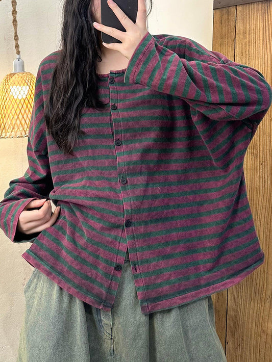 Women Autumn Stripe Colorblock O-Neck Button Blouse