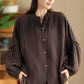 Women Autumn Vintage Solid Stand Collar Button Blouse