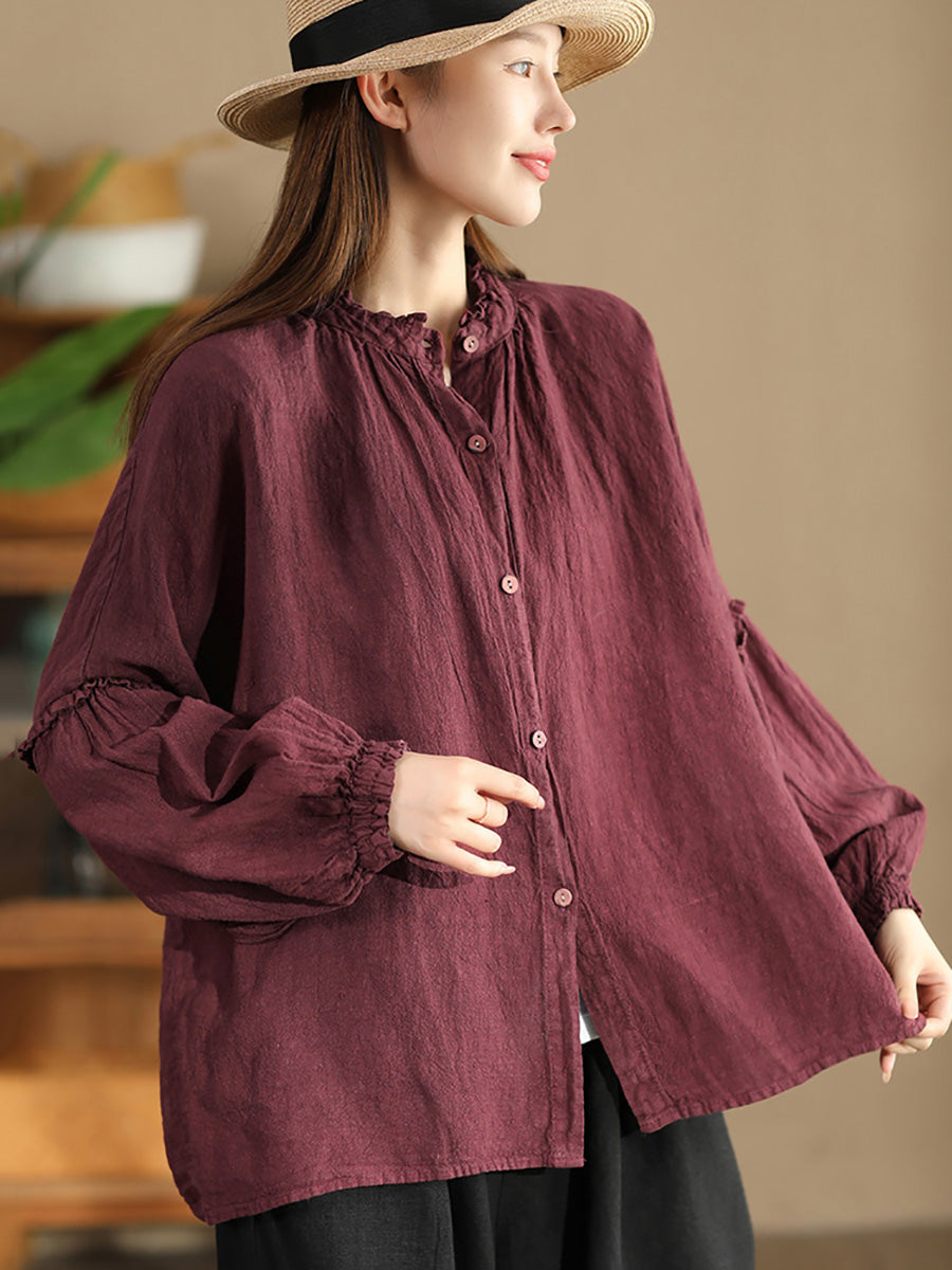 Women Autumn Vintage Solid Stand Collar Button Blouse