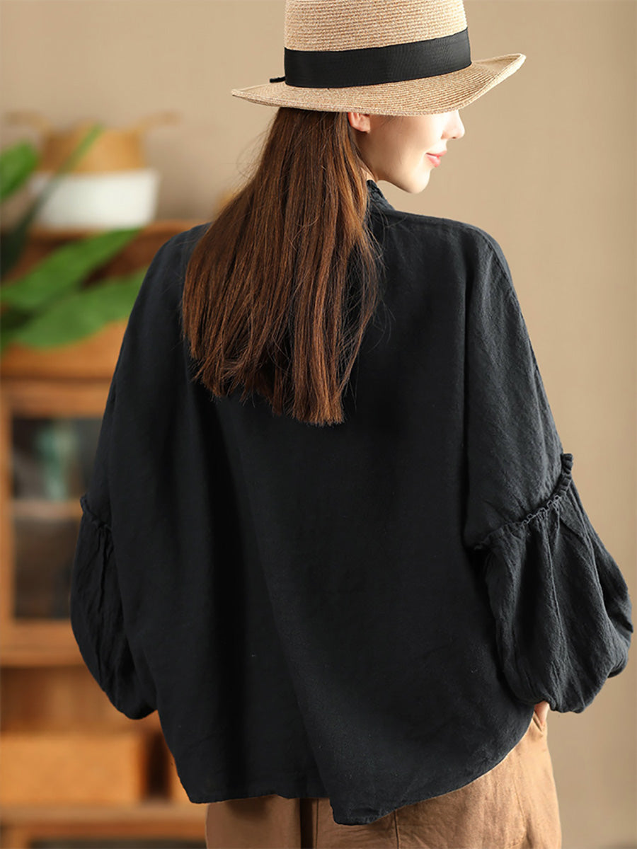 Women Autumn Vintage Solid Stand Collar Button Blouse