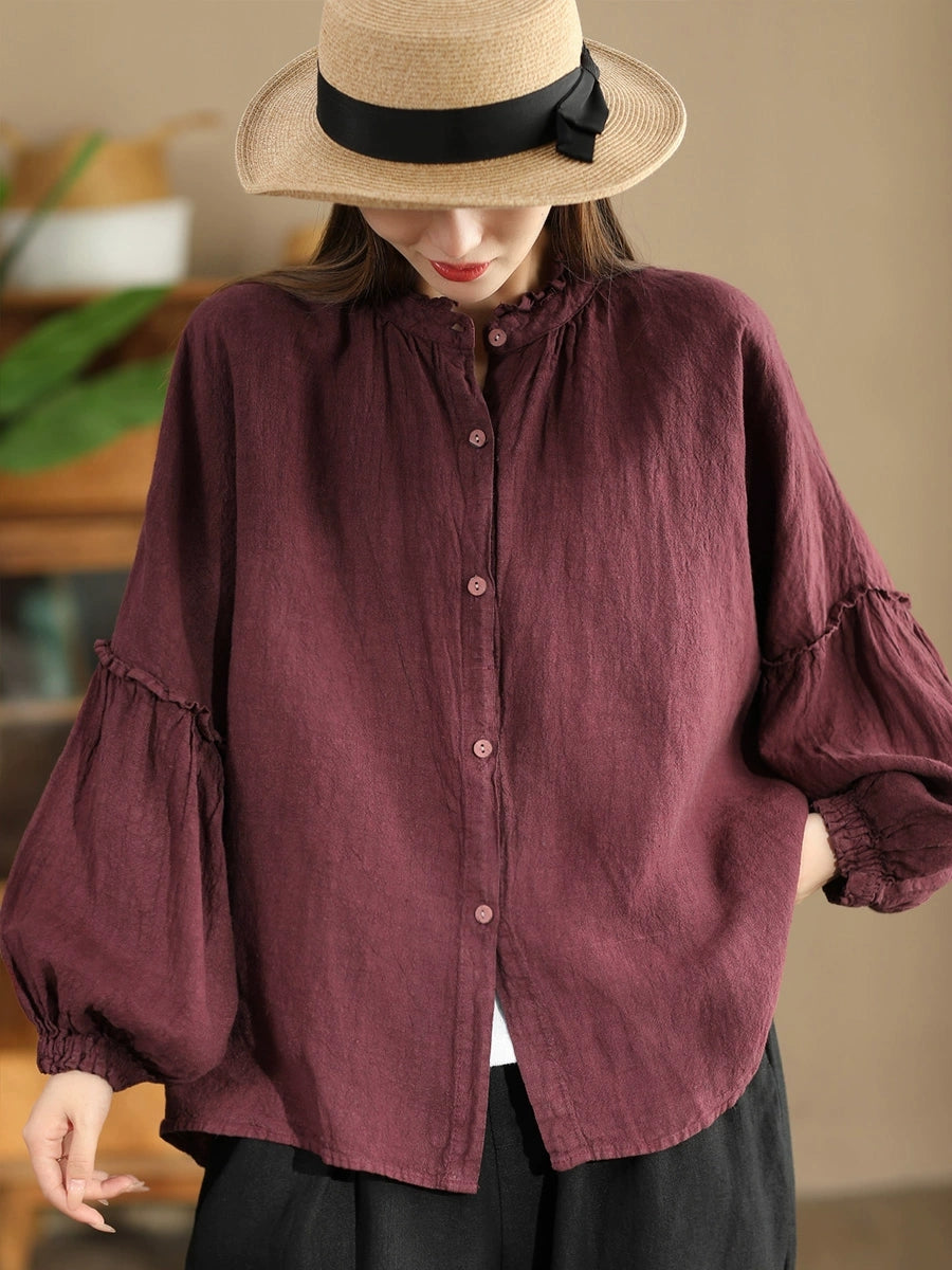 Women Autumn Vintage Solid Stand Collar Button Blouse