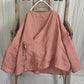 Women Vintage Autumn V-Neck Strap Loose Linen Blouse