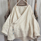 Women Vintage Autumn V-Neck Strap Loose Linen Blouse