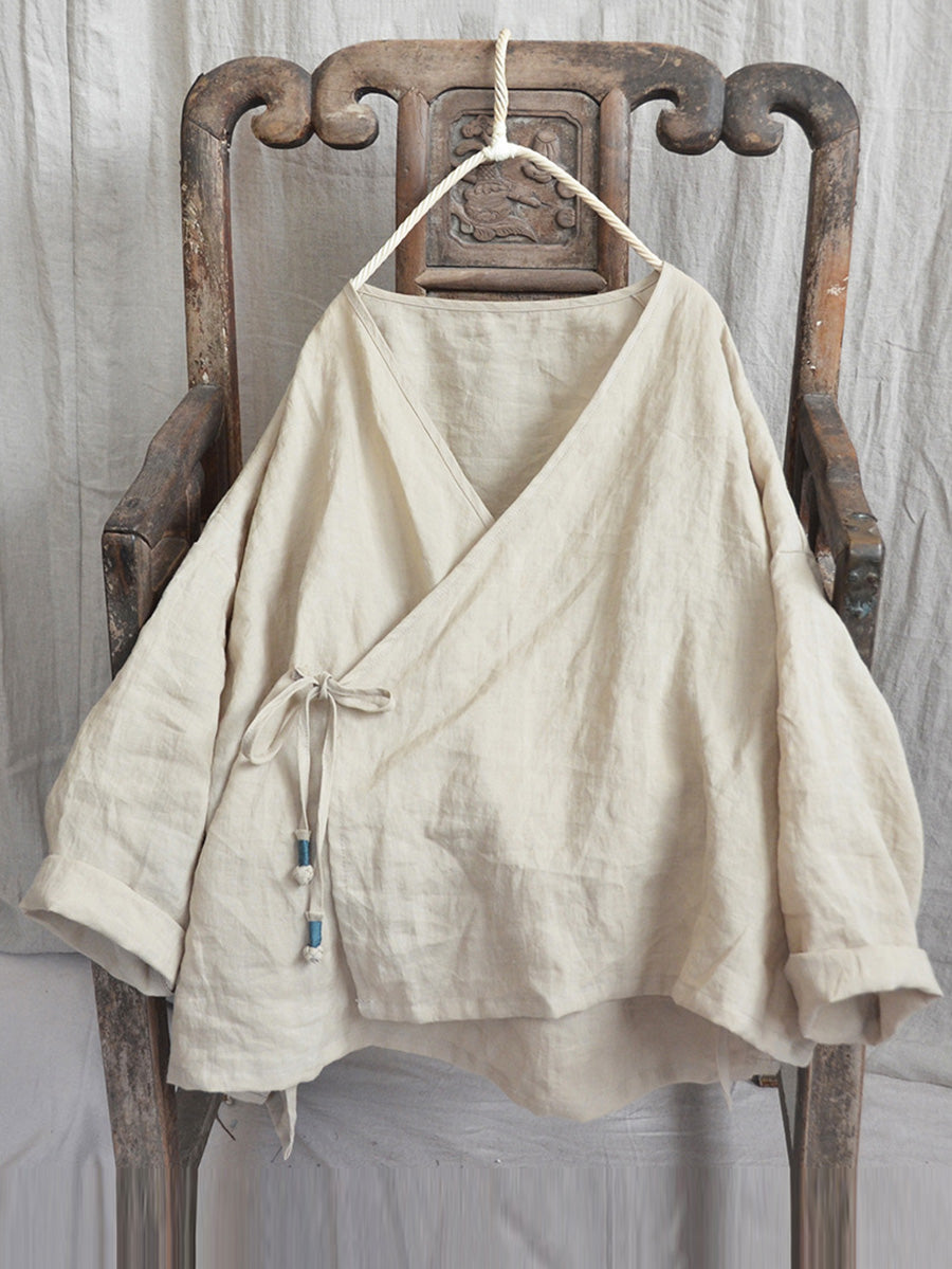 Women Vintage Autumn V-Neck Strap Loose Linen Blouse